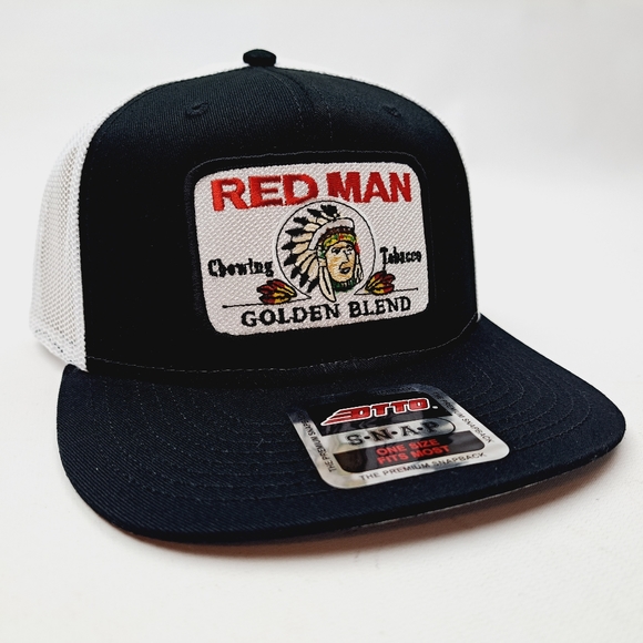 Red Man Tobacco Patch Flat Bill Mesh Trucker Snapback Hat Cap - Picture 3 of 4